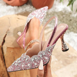 Yeknu  Fashion CRYSTAL Diamond Pearl Pointed Toe Women Pumps Elegant Slingbacks Stripper Thin High Heels Party Prom Shoes