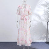 Yeknu  Holidays Print Women Long Dress Sexy V-neck Single Breasted Half Sleeve Female Dresses Summer Fshion Lady Robe New