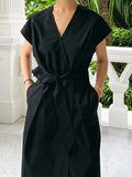 Yeknu  Korea Fashion New Summer Women Irregular Elegant Dress Casual Office Ladies Womens Pullover A-linen Dresses Black Bow Long Dress