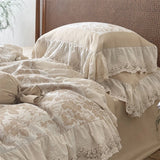 Yeknu 4/5Pcs French Vintage jacquard Lace Ruffles 100% Cotton Double Layer Yarn Bedding Sets Duvet Cover Flat/Fitted Sheet Pillowcases