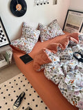 Yeknu Korean Style Ins Retro Fresh Floral Washed Cotton Bed Four Piece Duvet Set, Student Dormitory Bed Sheet Three Piece Set