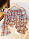 Yeknu  Women Red Plaid Shirts and Blouses Y2k Vintage Harajuku 2000s Elegant Peter Pan Collar Long Sleeve Slash Neck Shirt Clothes