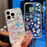Yeknu  DIY Candy Bear Flower Pearl Heart Case For iPhone 13 14 Pro Max 11 15 Plus 17 Phone Cases Transparent Soft Shockproof Cover Capa