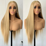 Yeknu  Long Honey Blonde Silky Straight Synthetic Lace Front Wigs for Women Free Part Ash Blonde Heat Resistant Fiber for Dailly Party