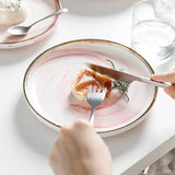 Yeknu  1pc Northern EuropeCreative Phnom Penh Pink Marble Pattern Ceramic Tableware Household Kitchen Restaurant Soup Bowl Dining Plate