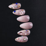 Yeknu  24pcs 3D Pearl Rhinestone Press On Nails Luxury Crystal Gem Fake Nail Almond Clear Nude Bling False Nail for Women&Girl