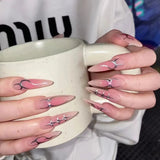 Yeknu  24pcs Long Pointed Gradient Pink False Nails y2k Sliver Flame Printed Wearable Press On Nails Full Finished Acrylic Nail Tips