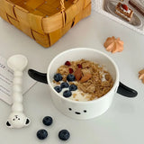Yeknu  Korean Cute Dog-Shaped Salad Bowl, Spoon Set, Dormitory Noodle Bowl, Ceramic Soup Bowl with Handle, Kawaii Ceramic Plate Dish