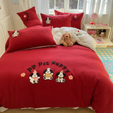 Yeknu Solid Colour embroidery Bedding Set For adults kids Ankela Red Red Flat Sheet With Pillowcases Colorful King Queen Full size
