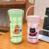 Yeknu  380ml/550ml Cartoon Double Stainless Steel Thermal Flask With Straw Portable Cute Kids Student Thermal Bottle Travel Tumbler