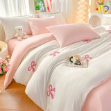 Yeknu  3 Piece Sheet Set Pink bowknot embroidery duvet cover Set ， comfortable Bedding Set Bedspread for All Season