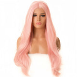 Yeknu  Long Pink Wavy Wig for Women Synthetic Middle Part Layered Natural Wave Curly Light Pink Heat Resistant Fiber Wigs for Party Use