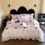 Yeknu  Romantic Lace Princess Black Bow Bedding Set Pink Korean Style Duvet/Comforter Cover Set Bed Sheet/Fitted Sheet Pillowcases 4Pcs