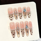 Yeknu  10PCS Pink Nude False Nail with Rhinestones Leopard Cat-Eye Fake Nails Women Girls Party Wedding Wear Handmade Press on Nails