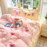 Yeknu Classic Plaid Duvet Cover, Soft Lace Bedding Set, Skin-Friendly Bow-Design Duvet Cover
