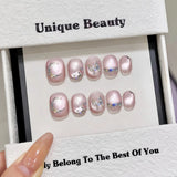 Yeknu 10Pcs Handmade Short Heart Diamond Design Reusable Fake Nails Glitter Full Cover Wearable Artificial Nail Tips Art Press On Nail