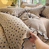 Yeknu  4-pcs Set with Linen Touch, Pure Polyester Material Ruffled Romantic Bow Design Girl Woman Bedroom Bedding Set Colored Flowers