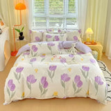 Yeknu  Cute Pink Strawberry Duvet Cover Flat Sheet Pillowcase Floral Bedding Set Girls Bed Linen Soft Thick Washed Cotton Bedclothes