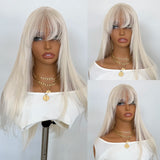 Yeknu  Platinum Blonde Layered Cut Wig with Bangs Long Silky Straight Lace Front Wigs for Women 13x4 Synthetic Hair Natural Hairline