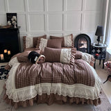 Yeknu Vintage French Plaid Lace Ruffles 100% Cotton Bedding Set Duvet Cover Set Bed Sheet/Bed Skirt/Fitted Sheet Pillowcases 4Pcs