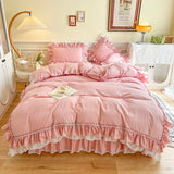 Yeknu 4Pcs White Korean Princess Style 100% Cotton Bedding Set Double Layer Lace Ruffles Duver Cover Bed Skirt Bedspread Pillowcases