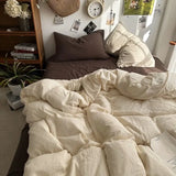 Yeknu  Bedding Set Ins Ambiance Blue Coffee Grid Mixed With Washed Cotton Minimalist Four Piece Set Fitted Sheets Duvet Cover