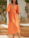 Yeknu  Jastie Summer V-neck Waist Cinched Dress Unique Lantern Sleeve Fashionable Sexy Slit Long Skirt Cotton Women's Casual Dresses