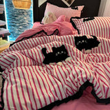 Yeknu  Korean Style Bedding Set Green Strip Black Cat Embroidery Washed Cotton  Duvet Cover Cute Cardboard  Bed linen Comforter Sets