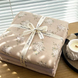 Yeknu Ins floral print Bedding set knitted cotton Flat sheet set Four pieces duvet cover double layer-yarn 4Pcs lovely Fitted sheet