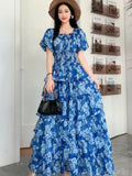 Yeknu  Retro Floral Print Chiffon Dress Women Summer Bubble Short Sleeve Slim Holiday Boho Dresses Multi-layered Ruffle Long Cake Dress