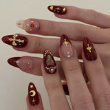 Yeknu 2024 New Ramadan Style False Nails with Gold Moon Star Design Almond Red French Fake Nail Patch Full Cover Detachable Manicure