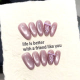 Yeknu  10pcs Handmade Oval Shaped Press on Nails Pink Purple Cat Eye Fake Nail Tips Wearable Reusable 3D Bow Design Korean False Nails