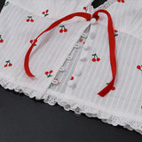 Yeknu  Sleeveless Printed Halterneck V-neck Crop Top Backless Cherry Print Bow Slim Fit Crop Top