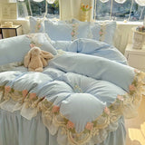 Yeknu  New INS Princess Style Bedding Sets Ruffle Lace Bow Quilt Cover Romantic Bedclothes Woman Girls Bedroom Duvet Cover 4pcs