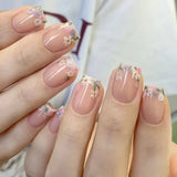 Yeknu  24pcs French Fake Nails Small Flower Diamond-Studded White-Edged Press on Nail Short Square Full Coverage Nail for Women&Girl