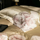 Yeknu High Precision Damask Egyptian Cotton Flowers Embroidery Luxury Bedding Set Duvet Cover Flat/Fitted Bed Sheet Pillowcasess 4Pcs