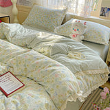 Yeknu Floral Bedding Set Korean Style Duvet Cover Set Bed Linen Set Flat Sheets Set 2 Pillowcases Single Double Queen Size For Student