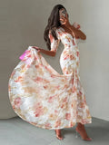 Yeknu  Summer Autumn Vacation Print Long Women's Dress Sexy Deep V-neck Split Short Puff Sleeve Pleated Female Robes Outwear New