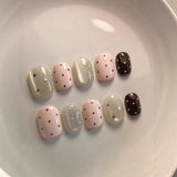 Yeknu  10pcs Pink Polka Dots Handmade Nails Stars and Cat-Eye Press on Nail Short Square Round Fake Nail for Women&Girl False Nail