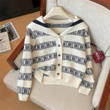 Yeknu  Women Striped Cardigan Cashmere Sweater Harajuku Korean Y2k Long Sleeves Sailor Collar Sweaters 90s Vintage 2000s Clothes Autumn
