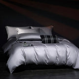 Yeknu  100%Egyptian Cotton Reversible Silver Purple Duvet Cover 4Pcs Luxury Soft Bedding Set Solid Color Duvet Cover Sheet Pillowcases