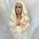 Yeknu  Long Blonde Body Wave Lace Front Wigs for Women Free Part 13X4 Glueless Platinum Blonde Curly Wavy Synthetic Cosplay Party Daily