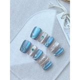 Yeknu  10pcs Short Square Star Iridescent Blue Cat Eye Nail Art Tips, Ballet Style, Removable, Elegant Nail Dress Up,Suitable For Party