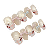 Yeknu  10PCS Handmade Press on Nails Sweet Cute Bow Decor Short Cat Eyes False Nails for Girl Women Wearable Reusable Ins Fake Nails