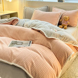 Yeknu  Autumn and Winter Thick Milk Velvet Quilt Cover Striped Jacquard Double-Sided Flannel Duvet Cover Solid Color Cozy Warm Bedding