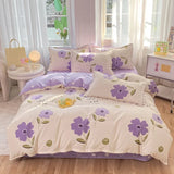 Yeknu  Cute Pink Strawberry Duvet Cover Flat Sheet Pillowcase Floral Bedding Set Girls Bed Linen Soft Thick Washed Cotton Bedclothes