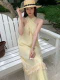 Yeknu  Summer Cross Halter Long Dress French Style Splicing Tassel Hem Holiday Style Bohemian Dresses Women Casual Beach Dress