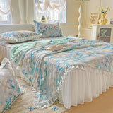 Yeknu  Sweet Floral printed Cool Summer blanket Lace and Ruffle Quilt for Home Skin-Friendly breathable air conditioner Comforters