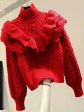 Yeknu  Knitted Autumn Pullover Sweater Women Turtleneck Ruffle Pleated Ladies Sweaters Top Long Sleeve Modis Korea Style Woman Top