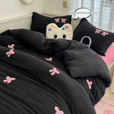 Yeknu  Pink bow Embroidered bedding set black duvet cover and 2pcs pillowcases (no padding), for bedroom